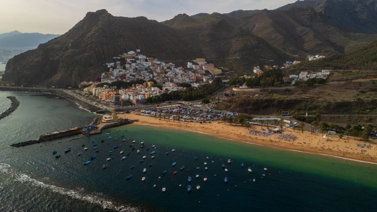 Stunning aerial shot of Playa de las Teresitas and San Andrés village in Tenerife, Spain.