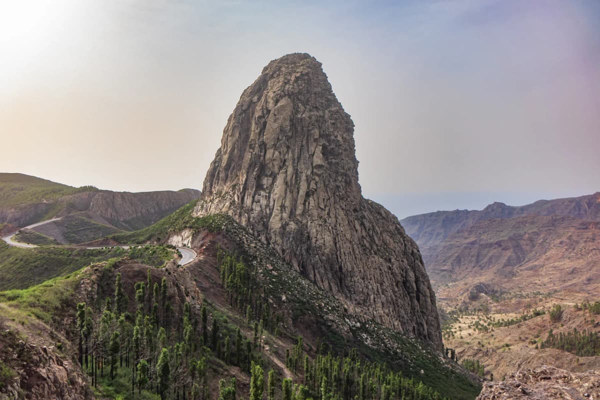 Stunning view of Garajonay rock formation in La Gomera, Spain, against a serene landscape.